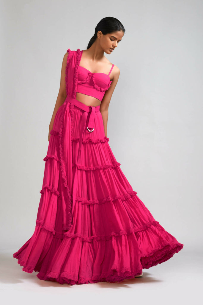 Pink Fringed Tiered Lehenga Set (3 PCS) (6)