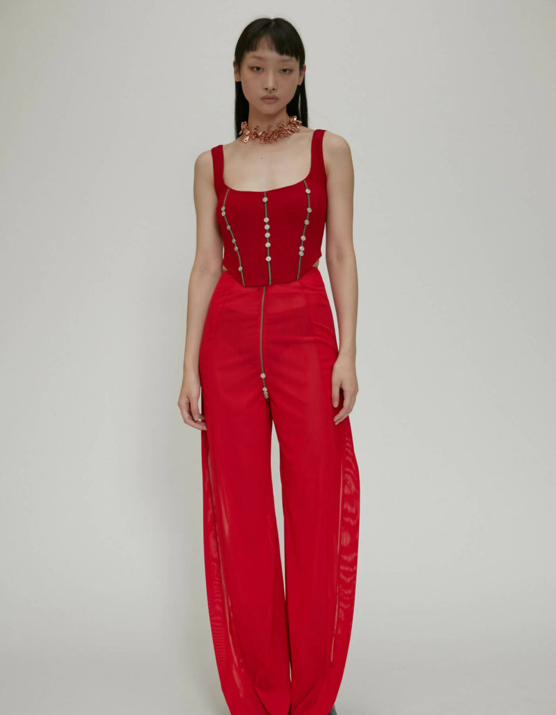 Button Zipper See Through Mesh Split Trousers