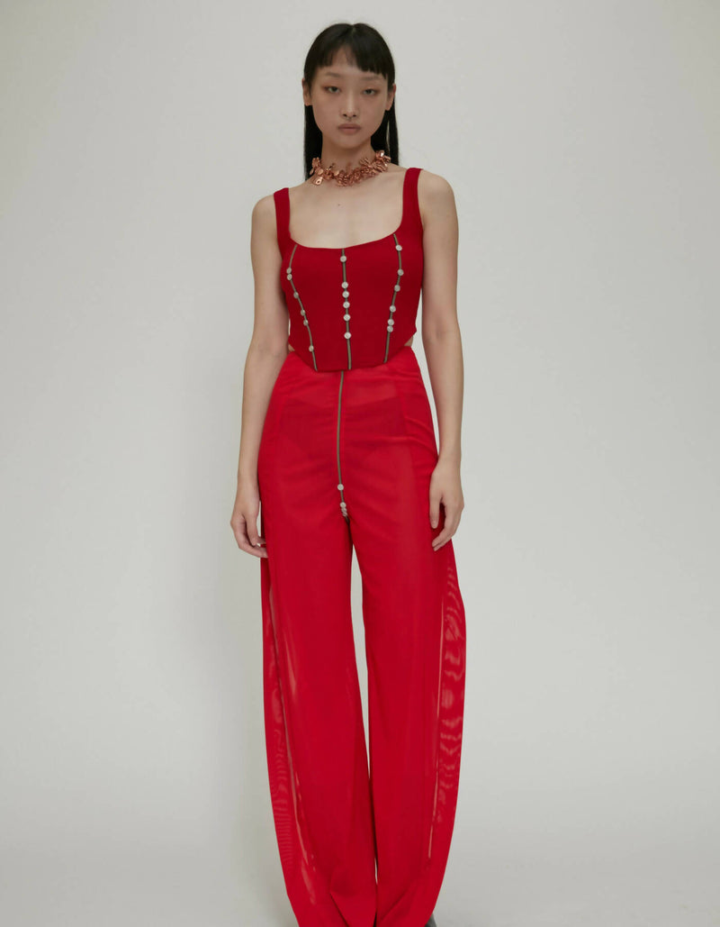 Button Zipper See Through Mesh Split Trousers