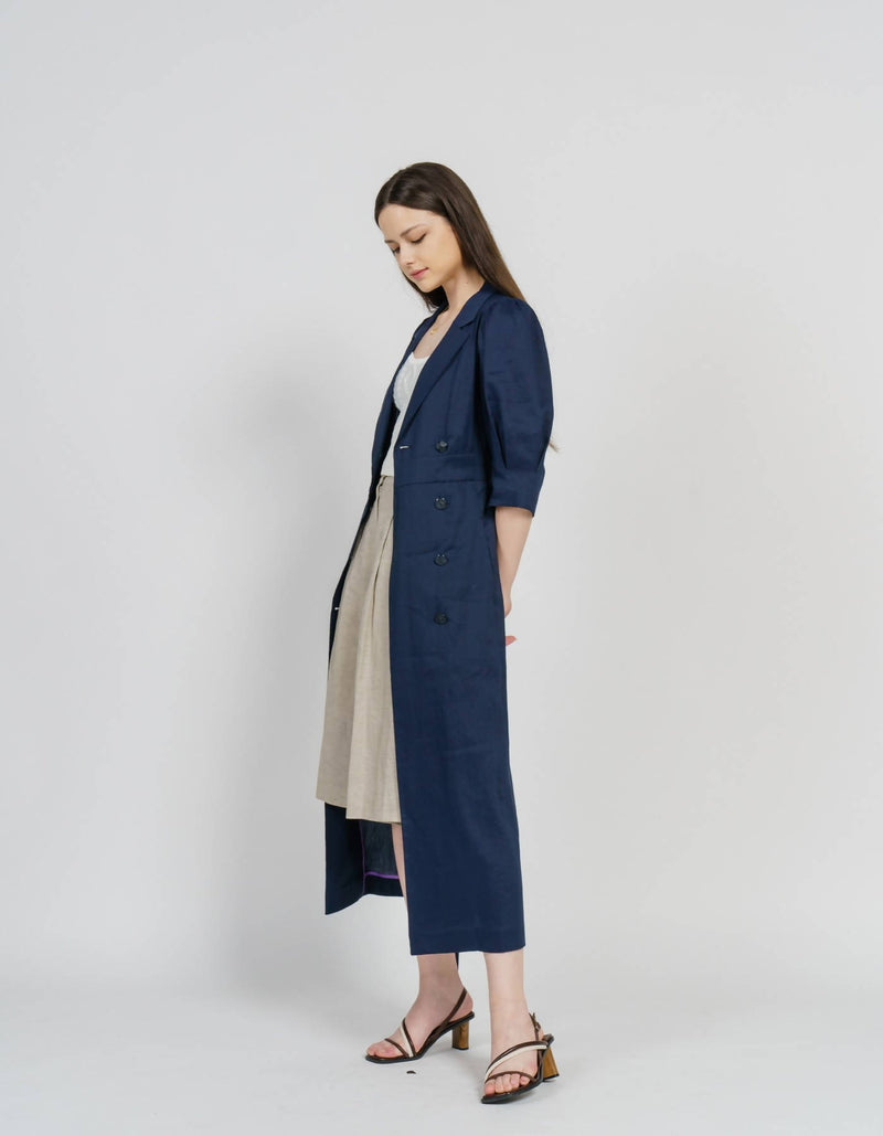 Linen Blending Double-Breasted Midi Dress