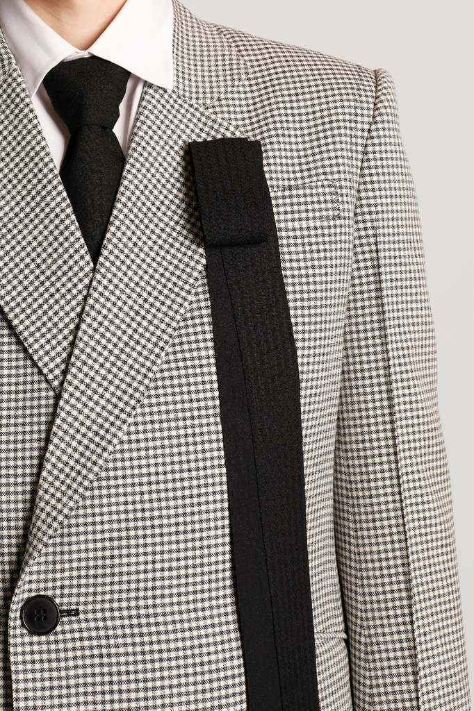 ELONGATED MICRO GINGHAM WOOL DB COAT WITH STRAP