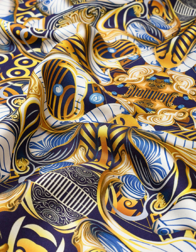 Blue-White-Gold-Porcelain-Silk-Twill-Scarf-Kargede-Designer-Scarf-detail