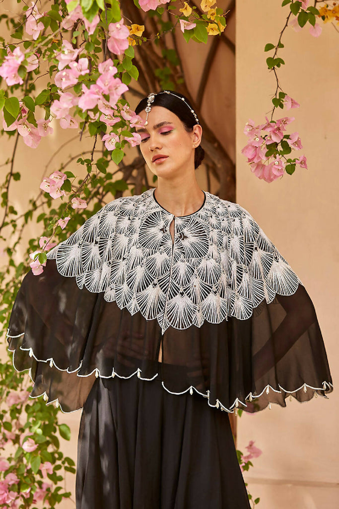 Black & White Embroidered Cape & Sharara Pants