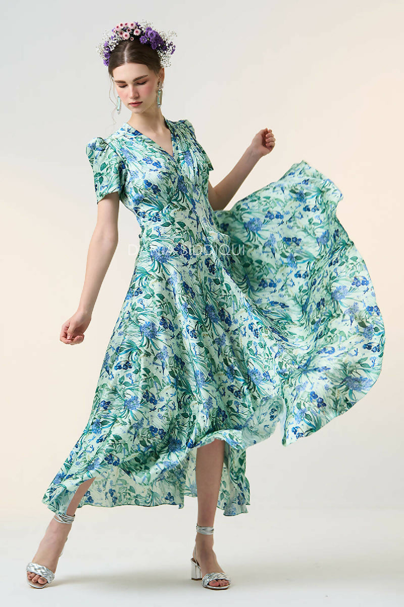 FLORAL BIRD FLARY MIDI DRESS