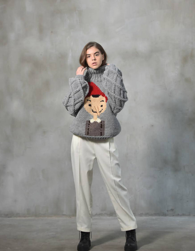 Hand-Knitted Sweater with Pinocchio Embroidery