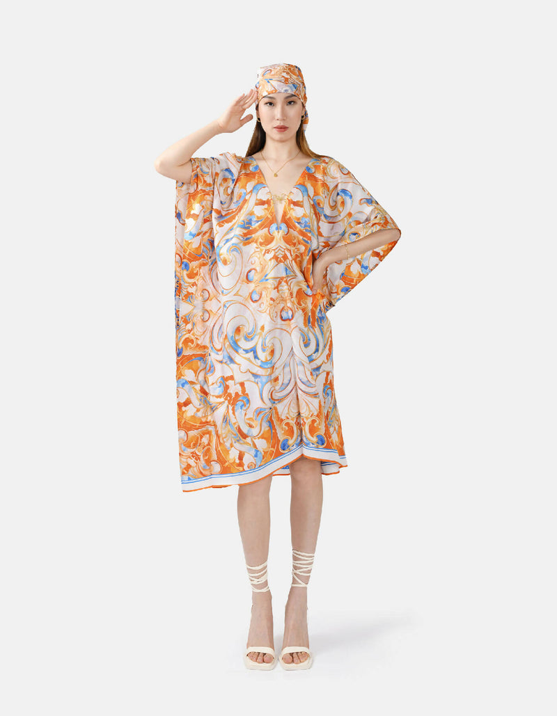 Sun Seeker – Designer Silk Kaftan White, Blue, Orange