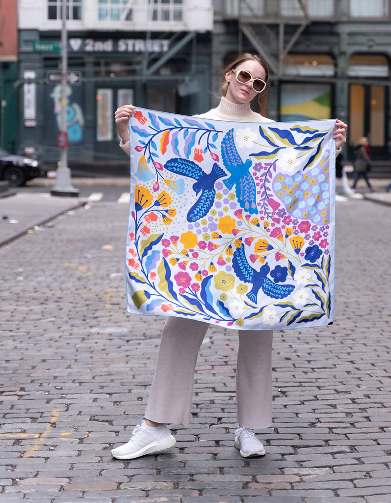 Double Sided Silk Scarf of Blue Birds