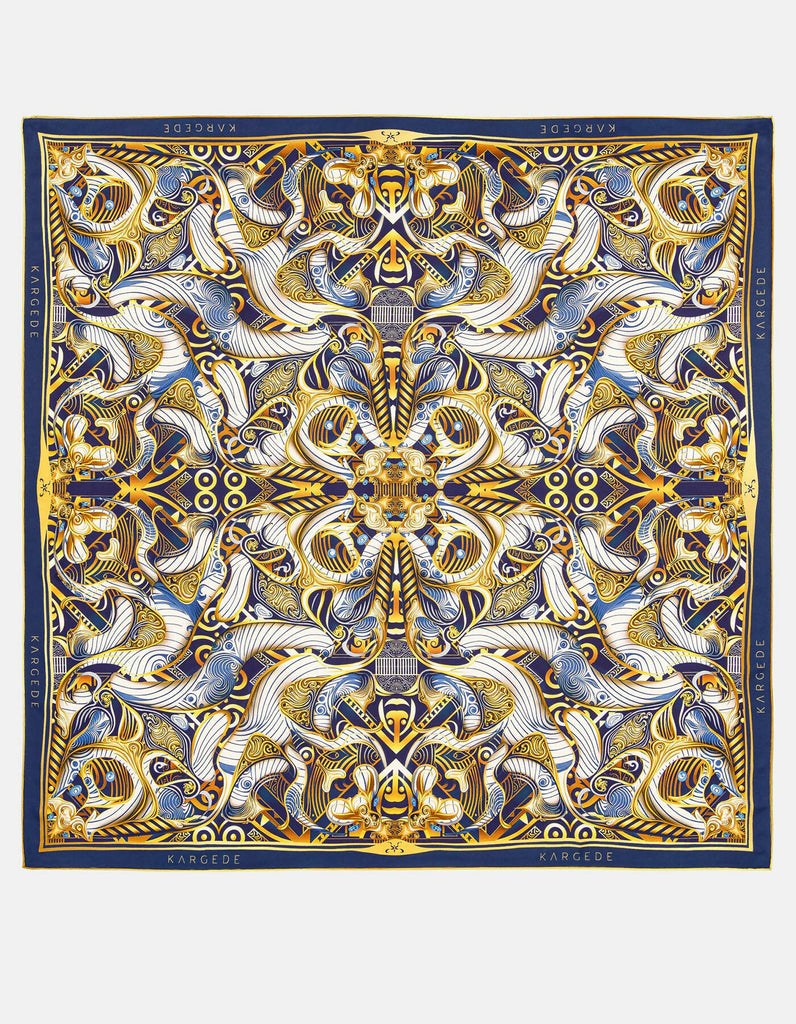 Blue-White-Gold-Porcelain-Silk-Twill-Scarf-Kargede-Designer-Scarf-flat