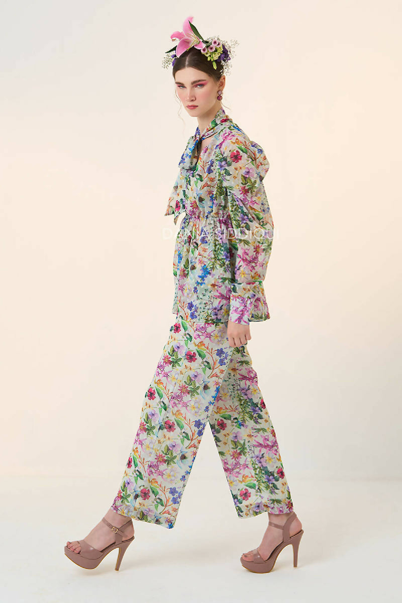 FLORAL TIE GATHERED BLOUSE & STRAIGHT PANTS