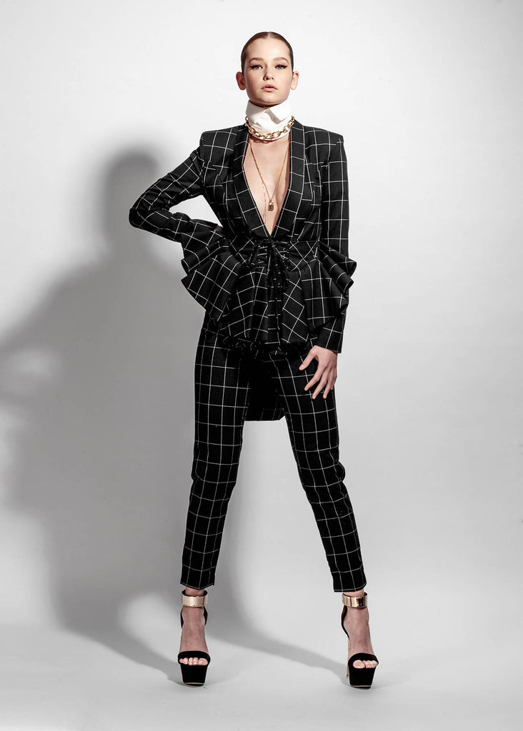 Black Checkered Wool Corset Suit Jacket