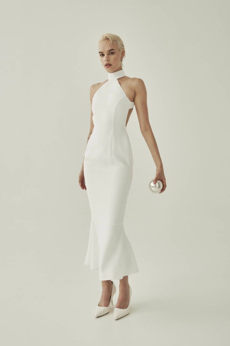 WHITE OPEN-BACK MIDI DRESS