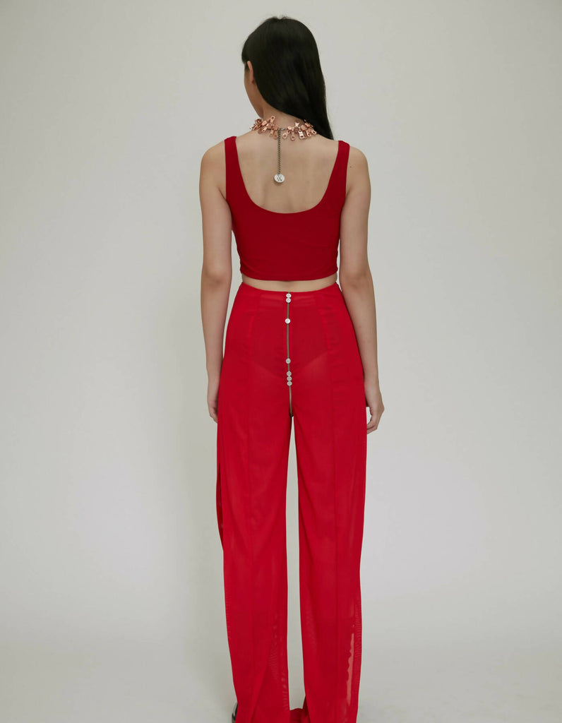 Button Zipper See Through Mesh Split Trousers