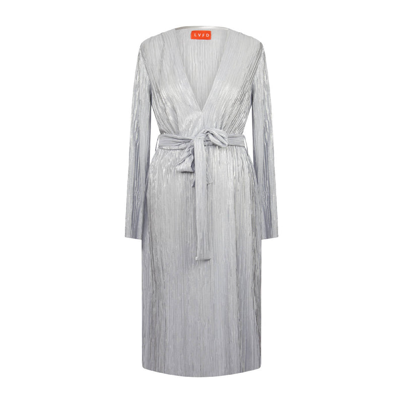 Metallic Silver Midi Wrap Dress