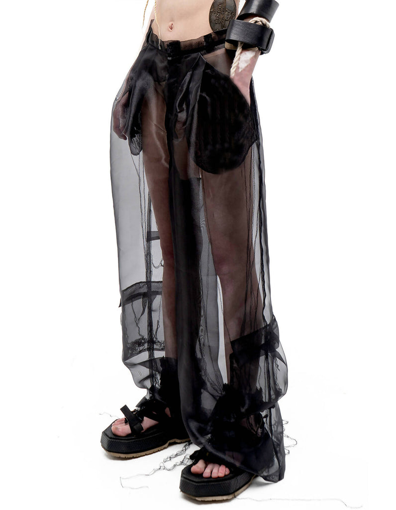 ORGANZA ROOTED BLACK CARGO PANTS