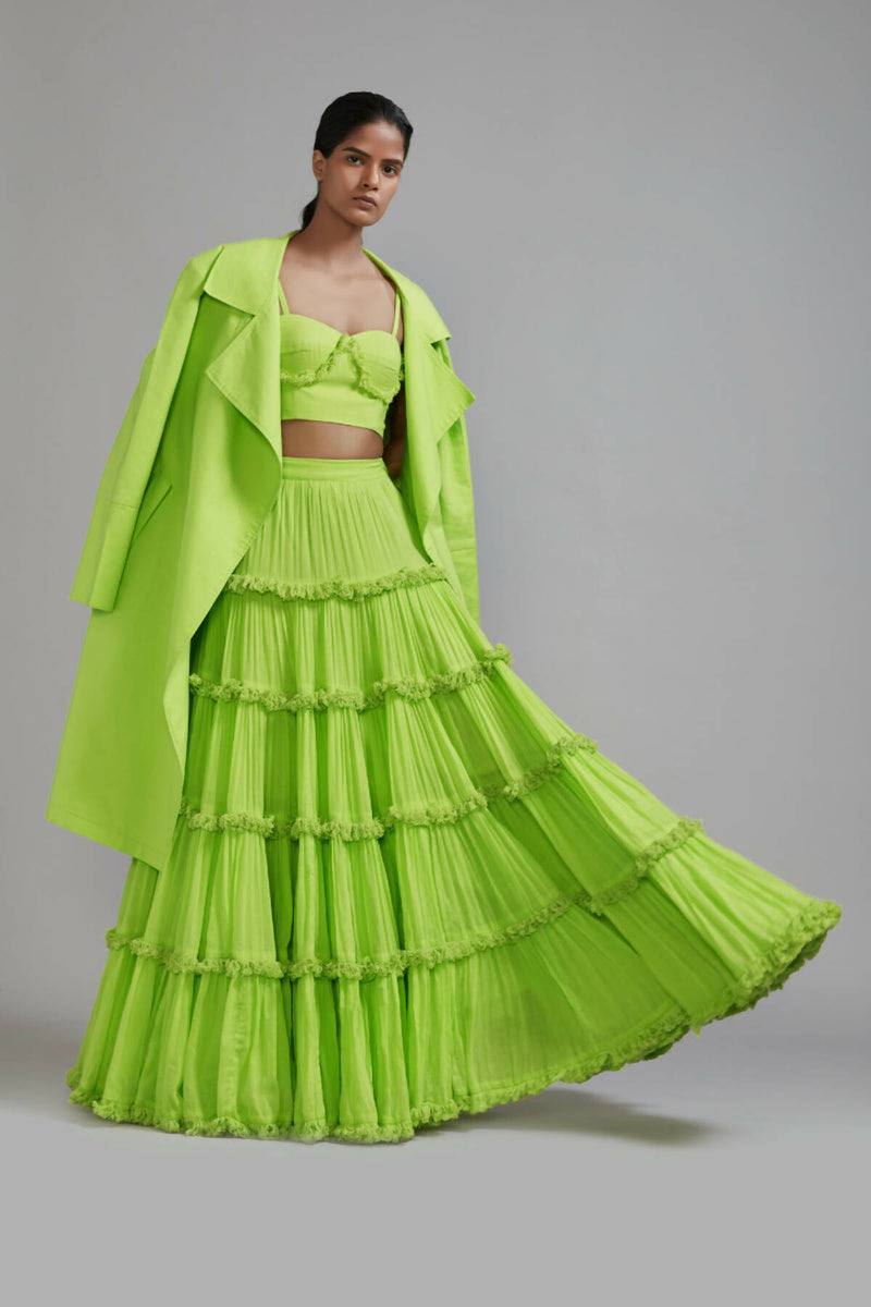 Neon Green Fringed Tiered Lehenga Jacket Set (3 PCS) (2)