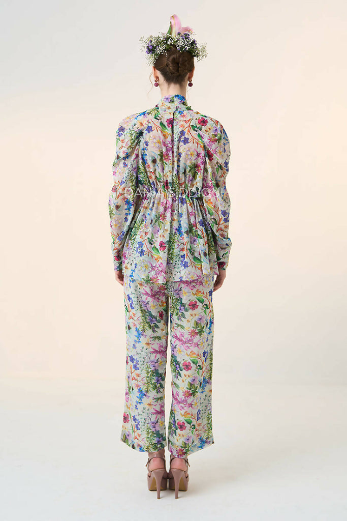 FLORAL TIE GATHERED BLOUSE & STRAIGHT PANTS