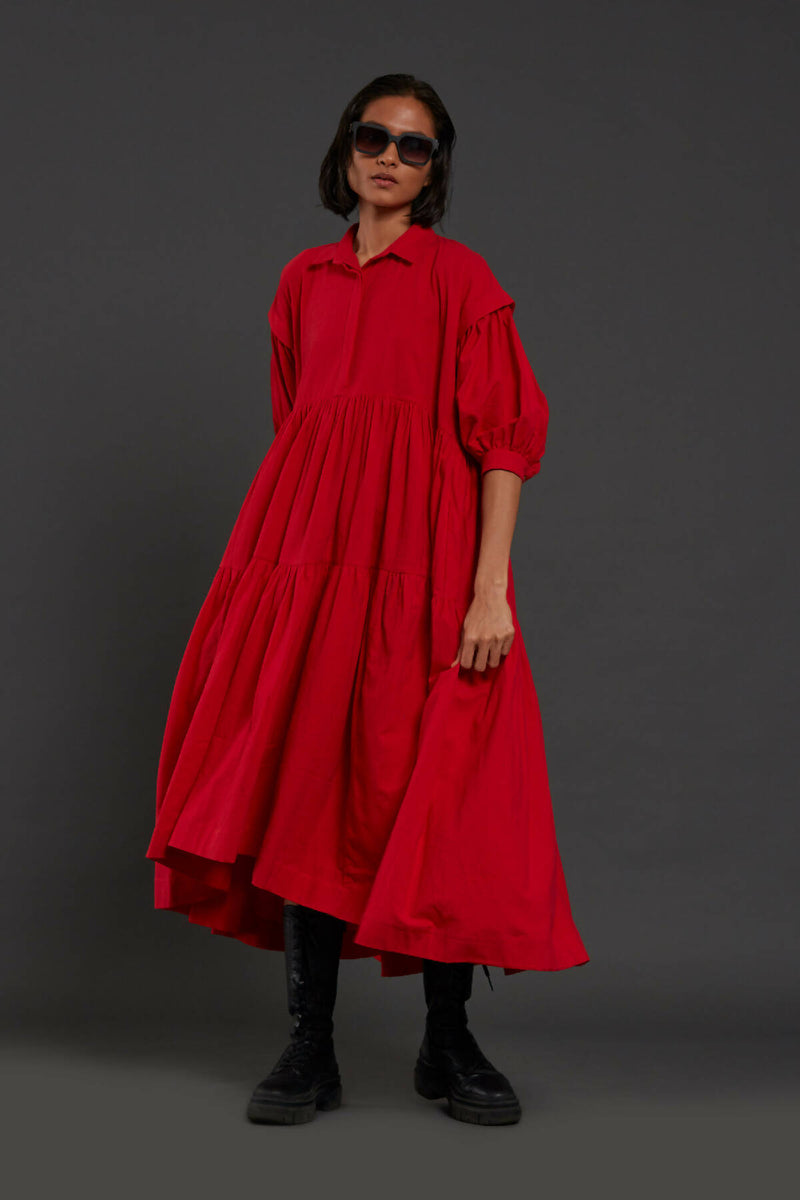 Red Tiered Shirt Dress