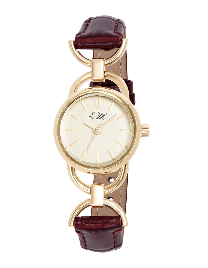 80's Vintage Design Gold-Tone Watch With Burgundy Leather Strap.