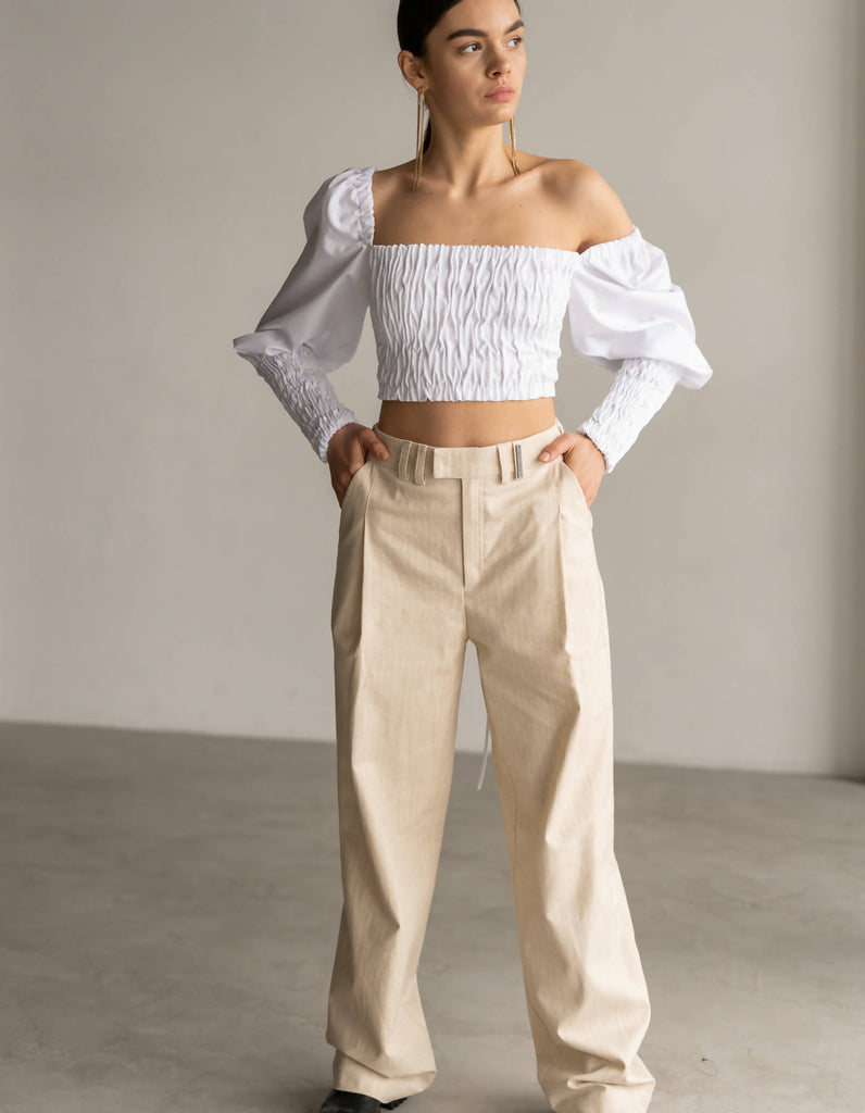 Beige White Striped Straight Linen Pants