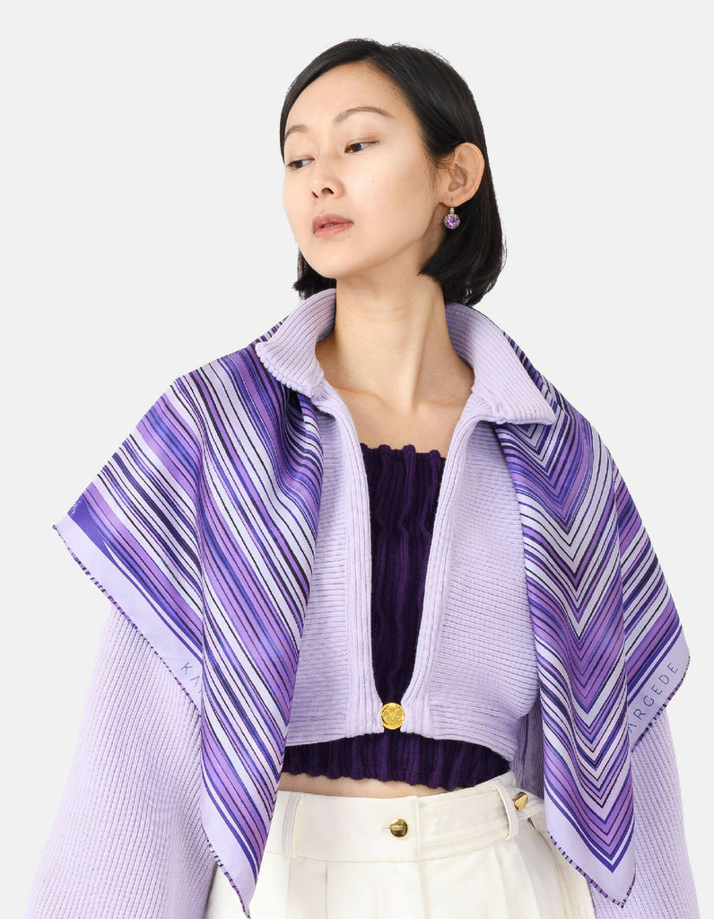 Purple-Striped-Silk-Twill-Scarf-Kargede-Designer-Scarf-Shoulder-Front