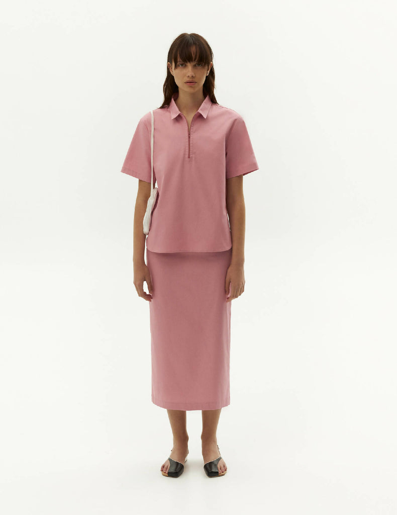 Cotton Polo with Zip — Dusty Pink Color