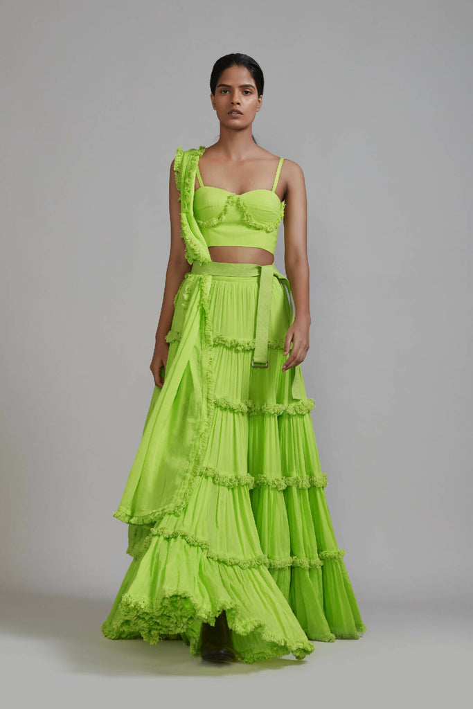 Neon Green Fringed Tiered Lehenga Set (3 PCS)  (3)