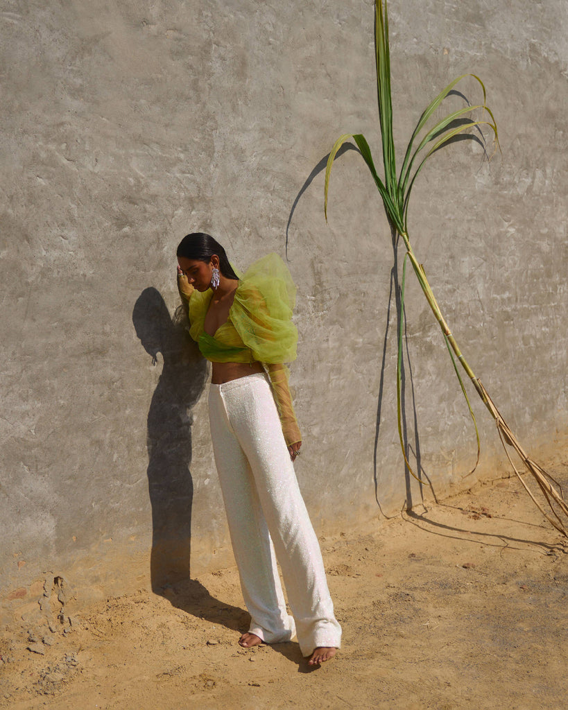 White Sequin Flared Trousers