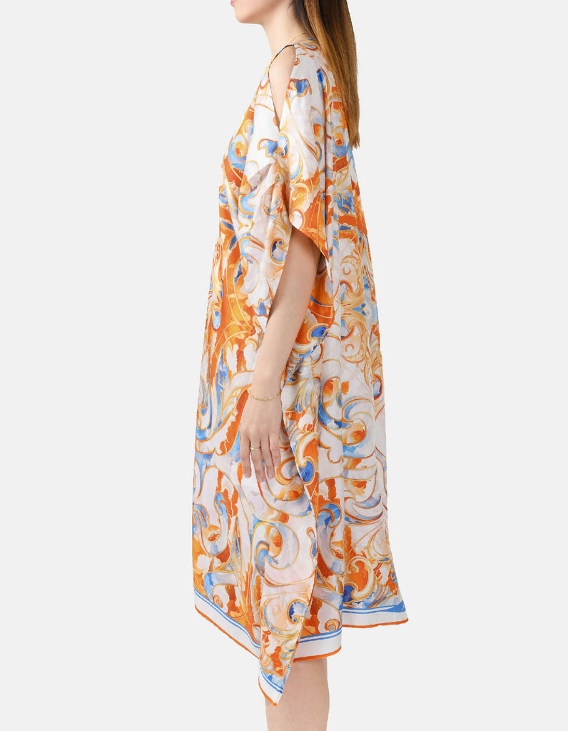 Sun Seeker – Designer Silk Kaftan White, Blue, Orange