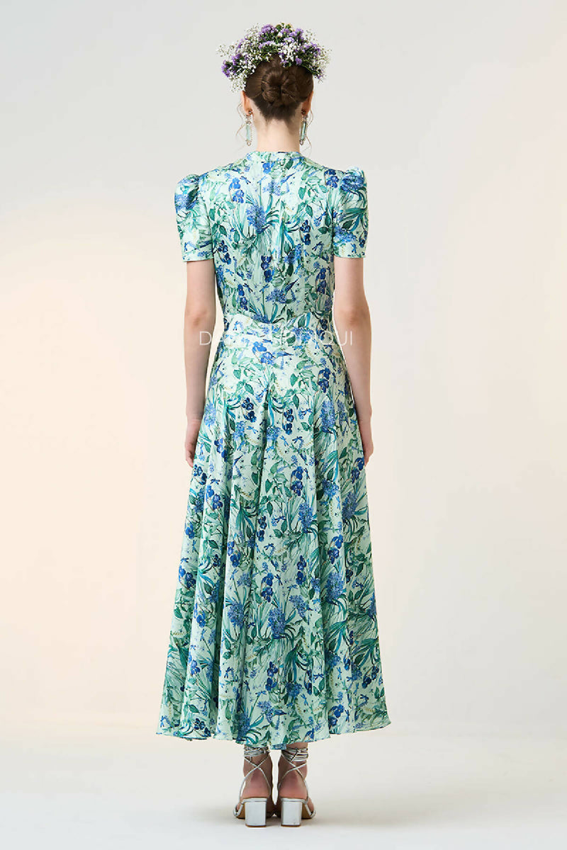 FLORAL BIRD FLARY MIDI DRESS