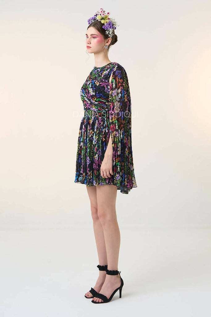 FLORAL RUCHED CAPE MINI DRESS