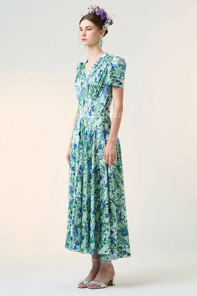 FLORAL BIRD FLARY MIDI DRESS