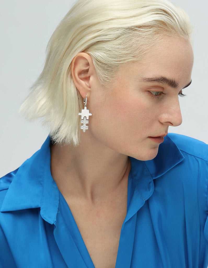 Silver Jigsaw Puzzle Drop Earrings