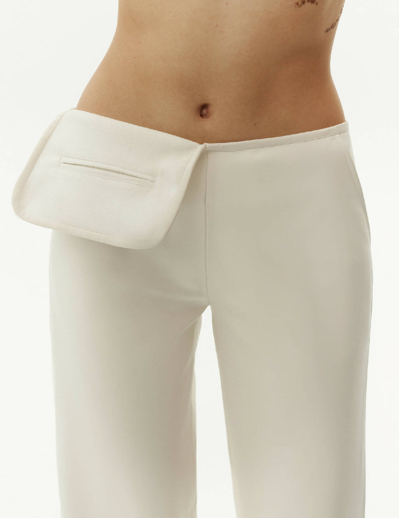 Faux Leather Pants with Patch Pocket Detail — White Color