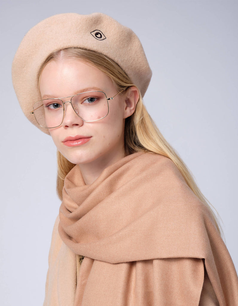 Beige Beret With Eye Embroidery