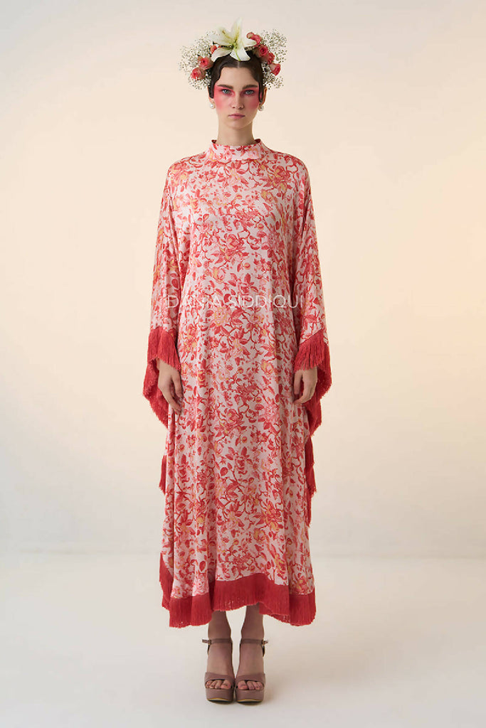 FLORAL FRINGED SATIN TRIMMED KAFTAN