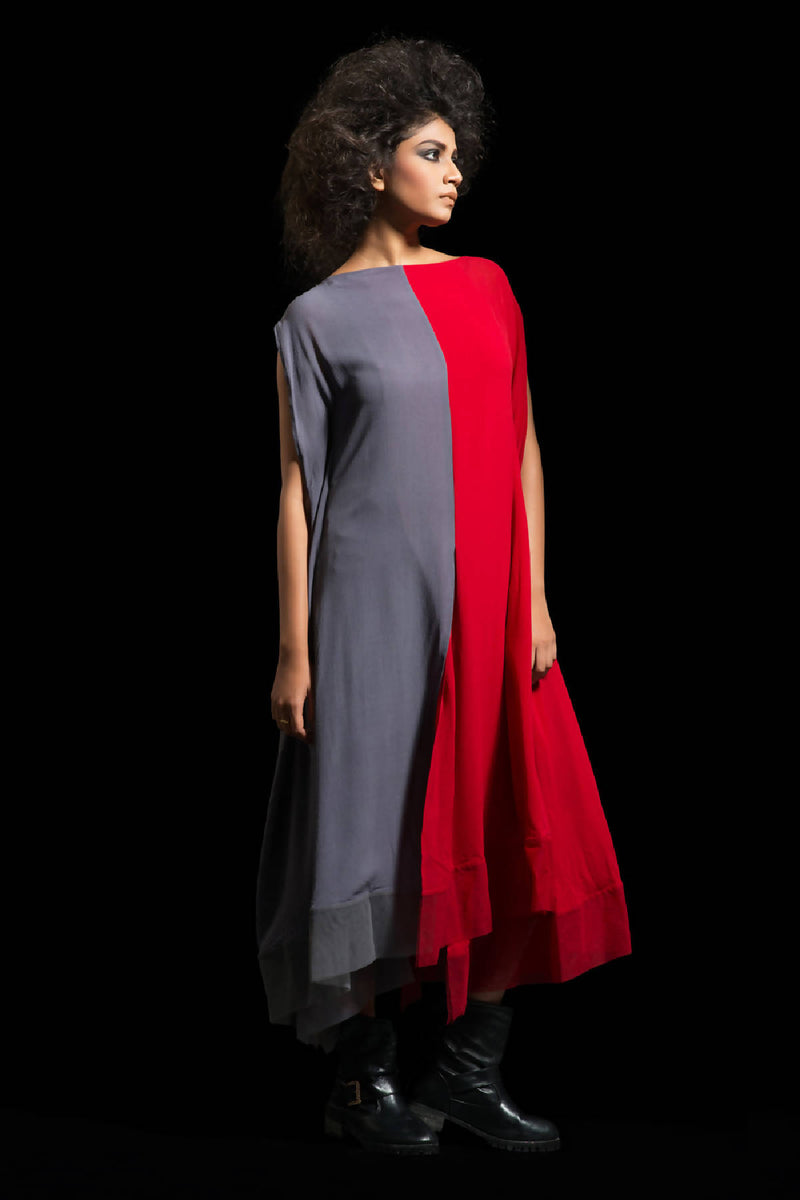 Red & Grey Draped Kurta Dress