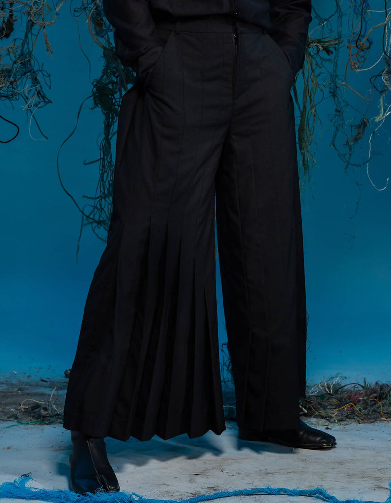 Wave-Ripple Pleated Wide Pants