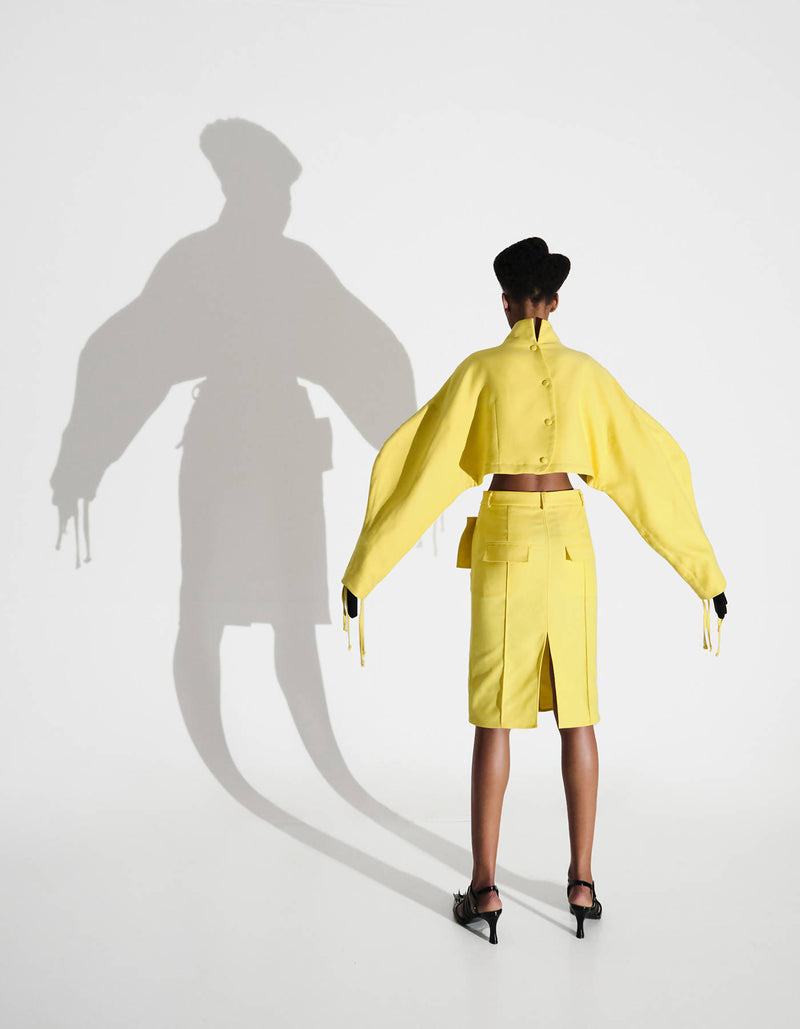 SS22. Yellow Puff-Sleeve Cropped Suit Jacket