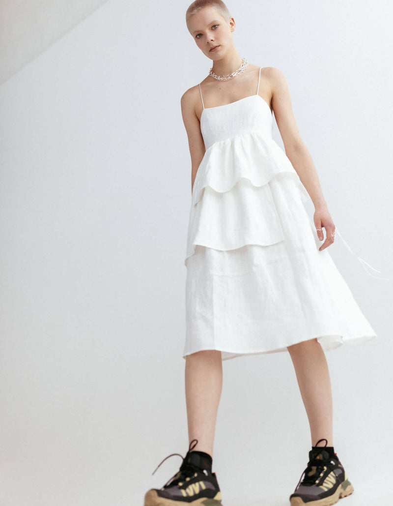 white linen strap dress