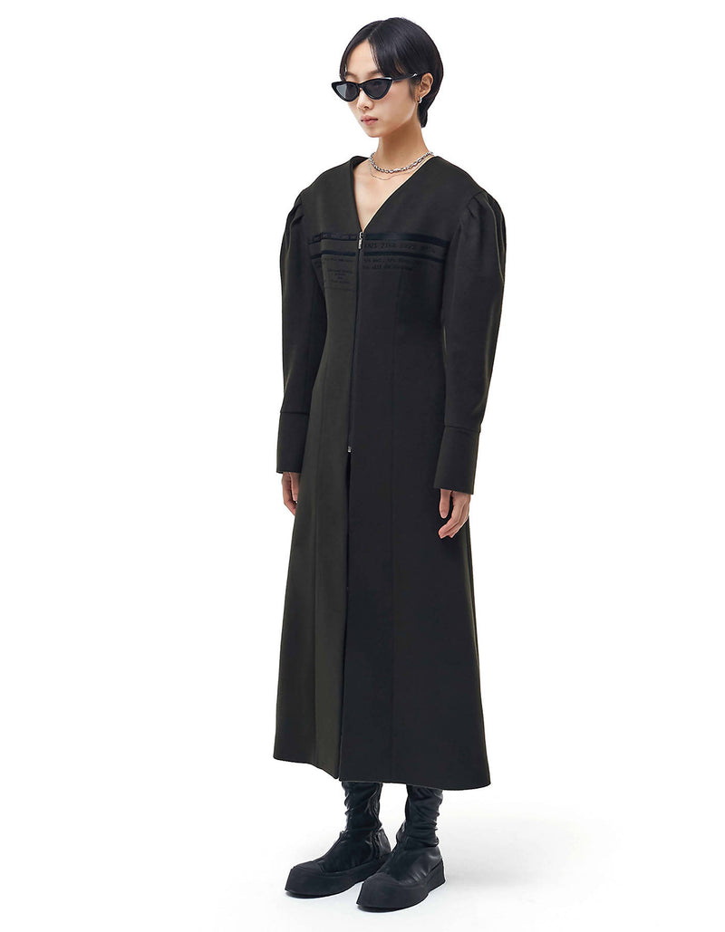 Collarless Long Wool Coat with Embroidery