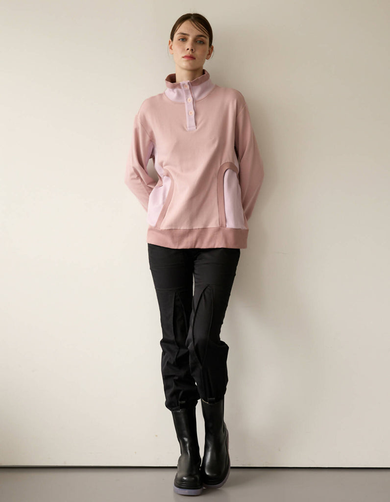 Color Combination Rib Turtle Sweatshirt_Light Shell Pink