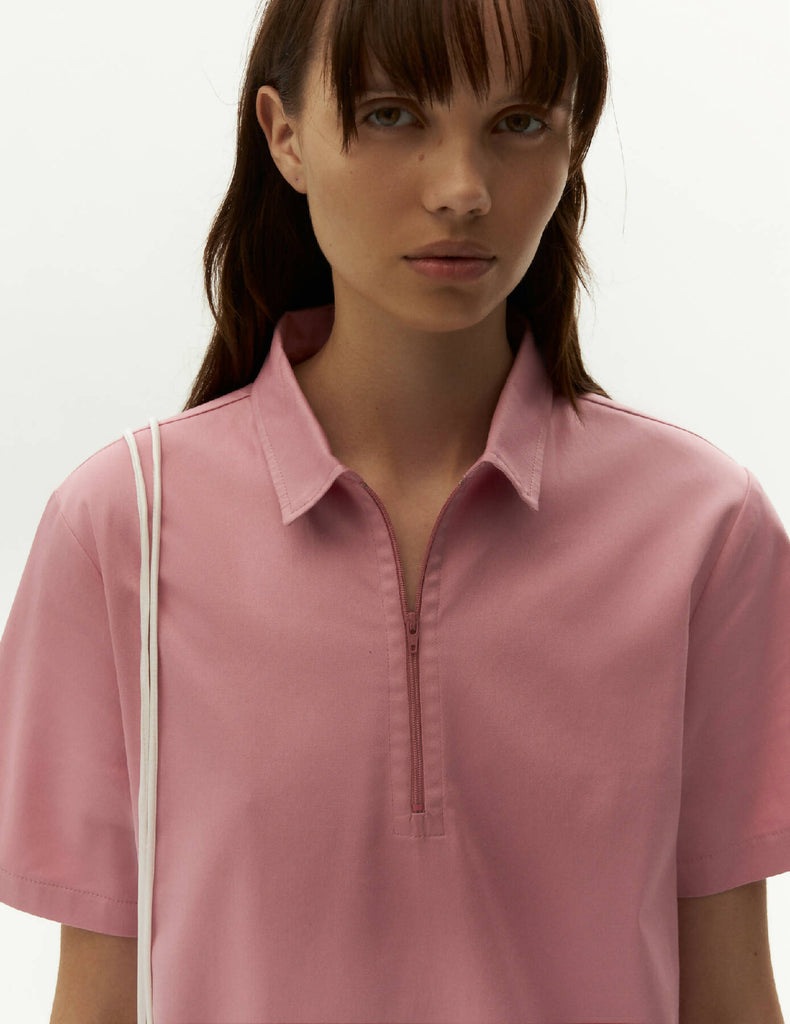 Cotton Polo with Zip — Dusty Pink Color