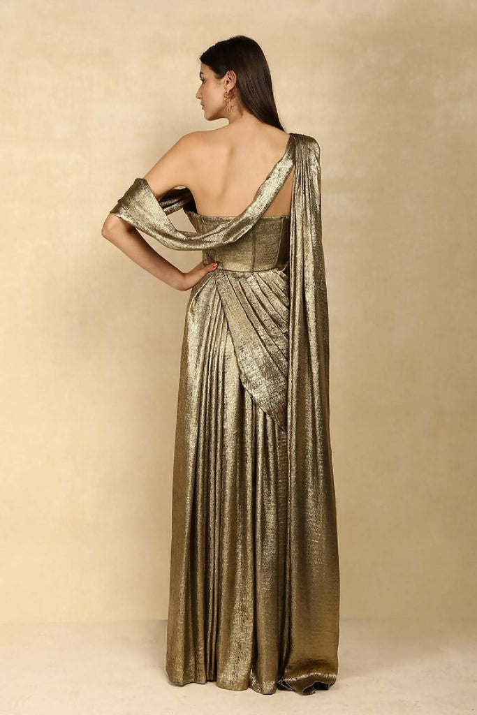 METALLIC GOLD DRAPE EVENING GOWN WITH CORSET