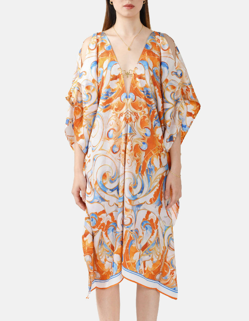 Sun Seeker – Designer Silk Kaftan White, Blue, Orange