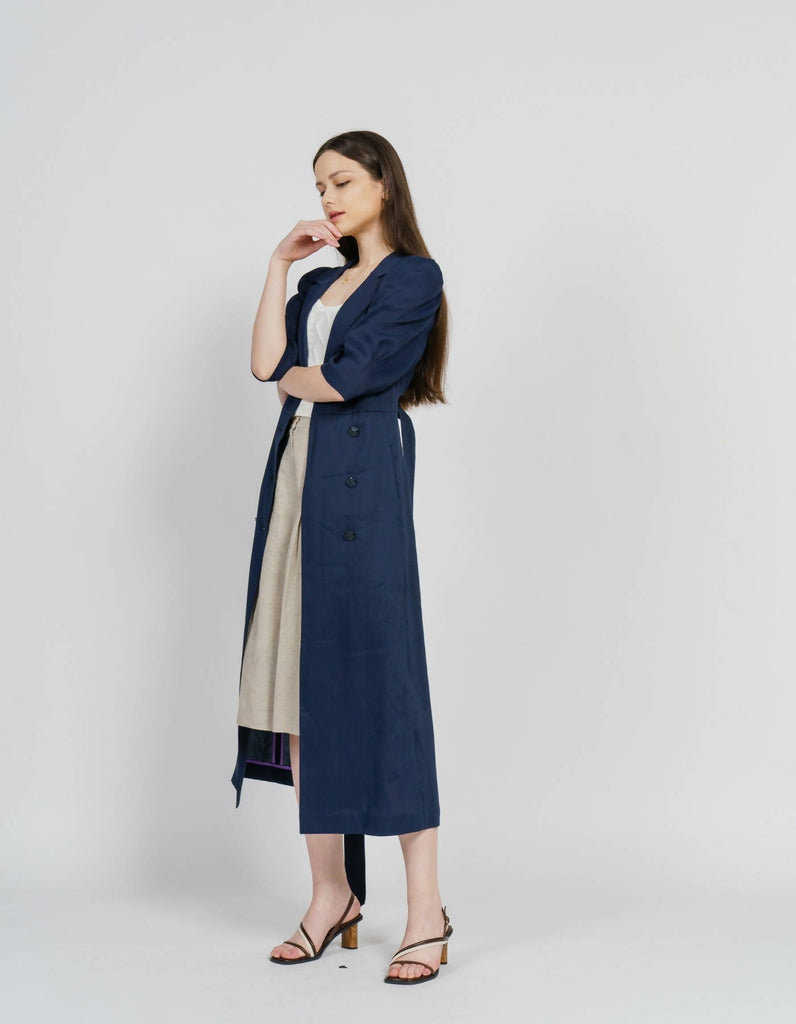 Linen Blending Double-Breasted Midi Dress