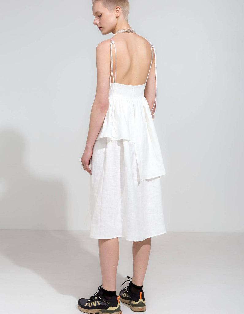 white linen strap dress