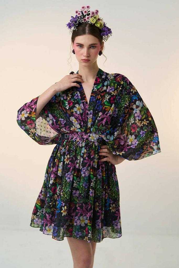 FLORAL KIMONO SLEEVE SHORT DRESS