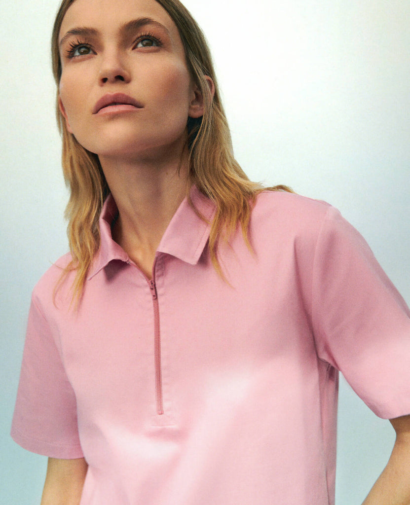 Cotton Polo with Zip — Dusty Pink Color