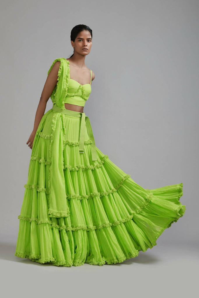 Neon Green Fringed Tiered Lehenga Set (3 PCS)  (5)