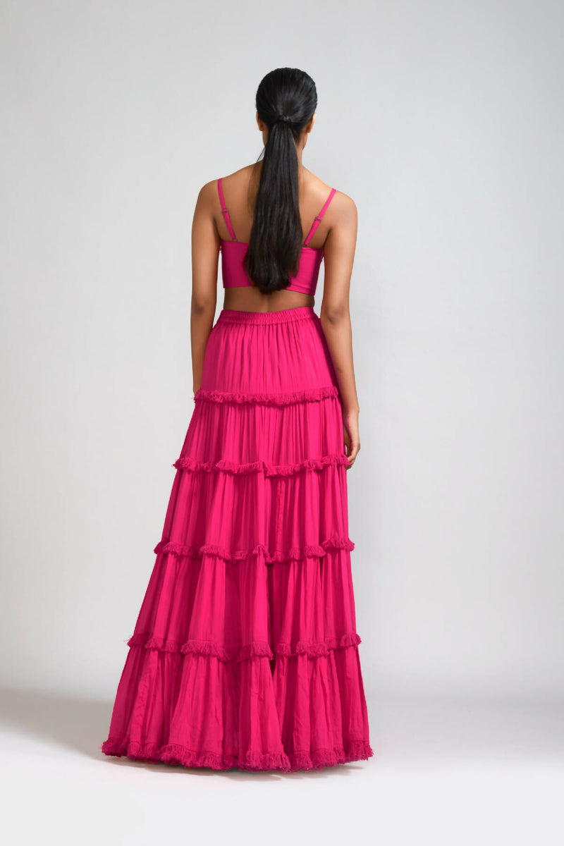 Pink Fringed Tiered Lehenga Set (2 PCS) (4)